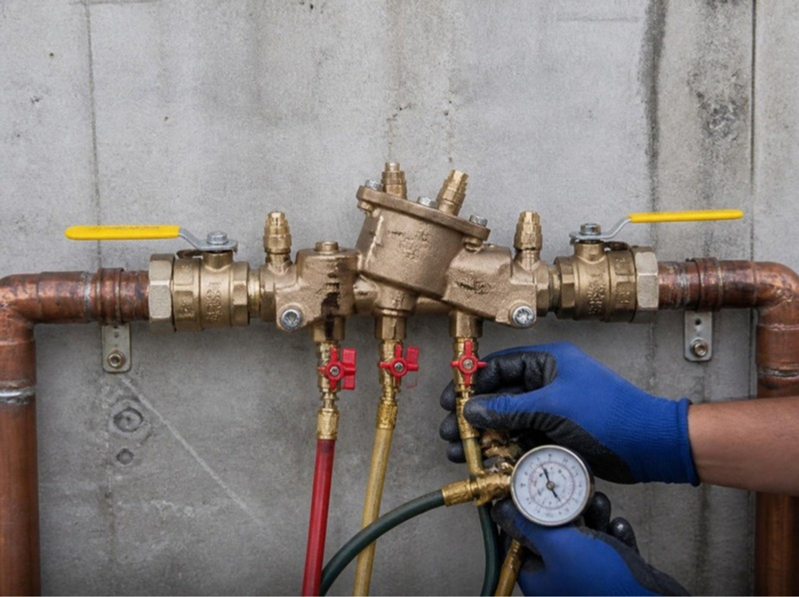 Plumber attaching a test gauge to a backflow prevention device