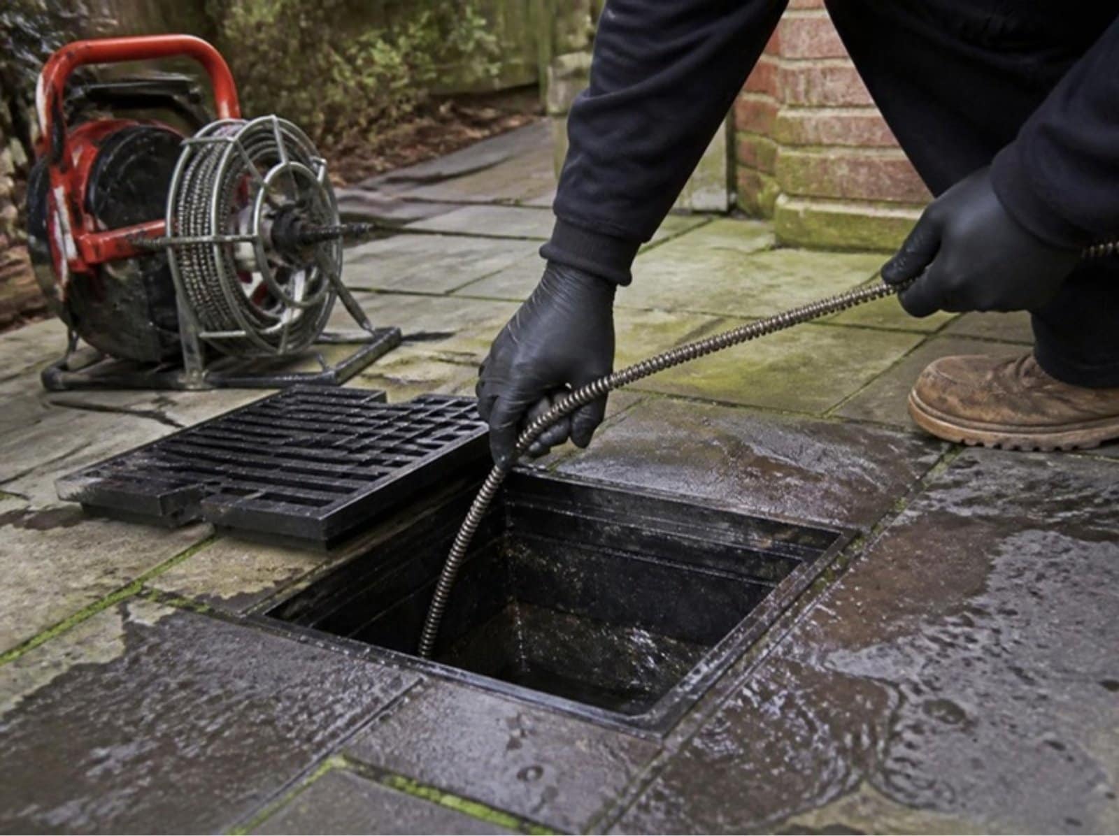 Plumber feeding a drain cleaning cable into an outdoor gully