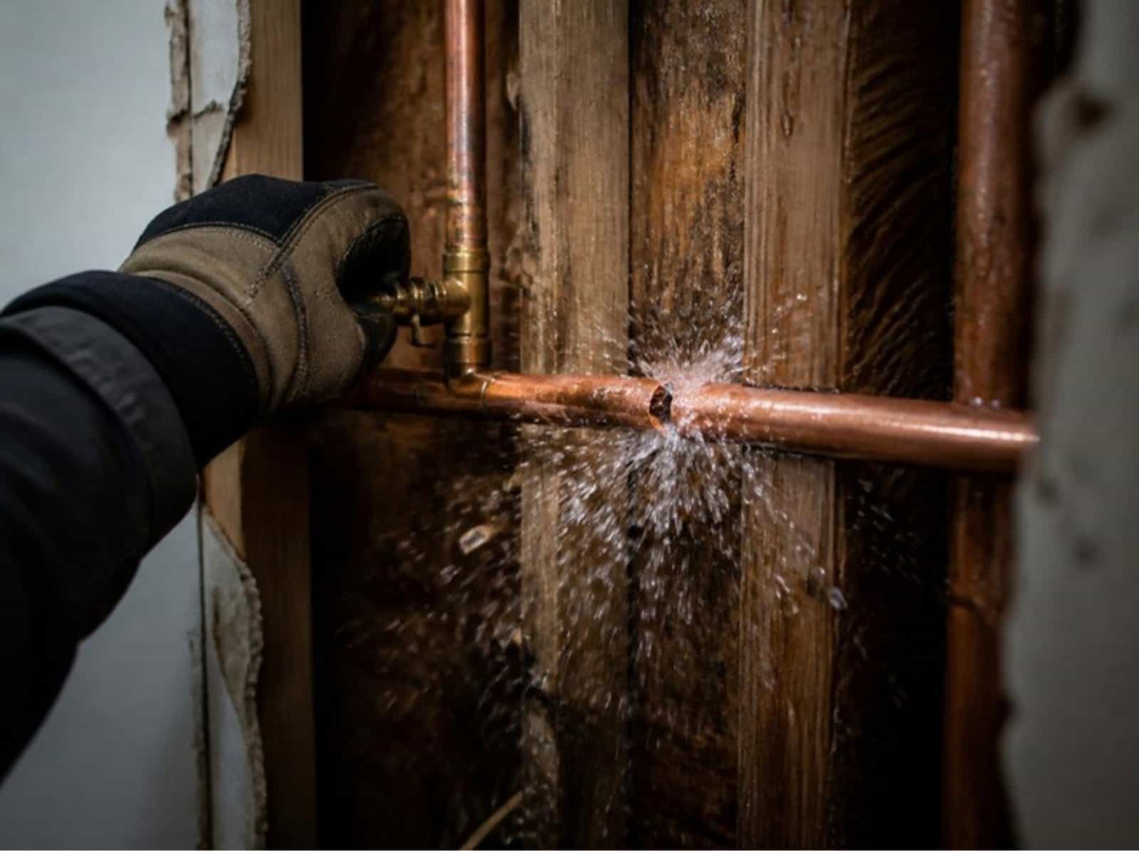 Burst copper pipe in a wall Water spraying from a burst copper pipe inside a wall cavity
