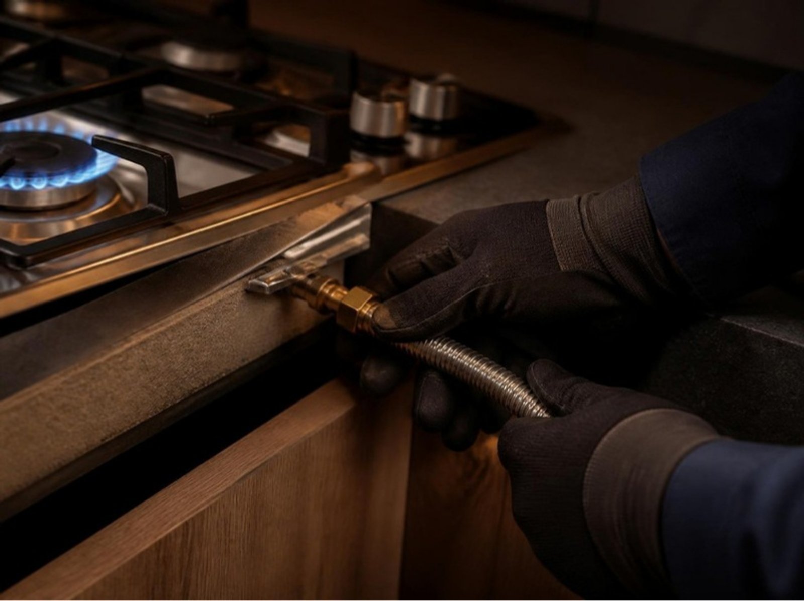 Gas fitter connecting a cooktop Gas fitter connecting the gas supply to a stainless steel cooktop