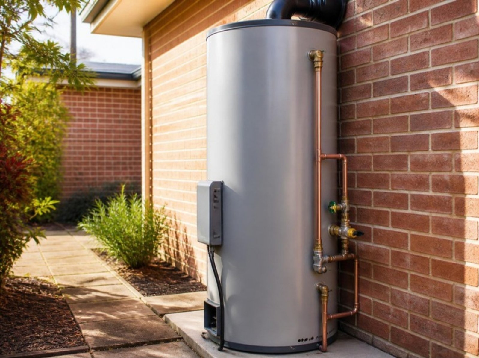 Gas hot water system on a brick wall Gas storage hot water system installed against a brick wall