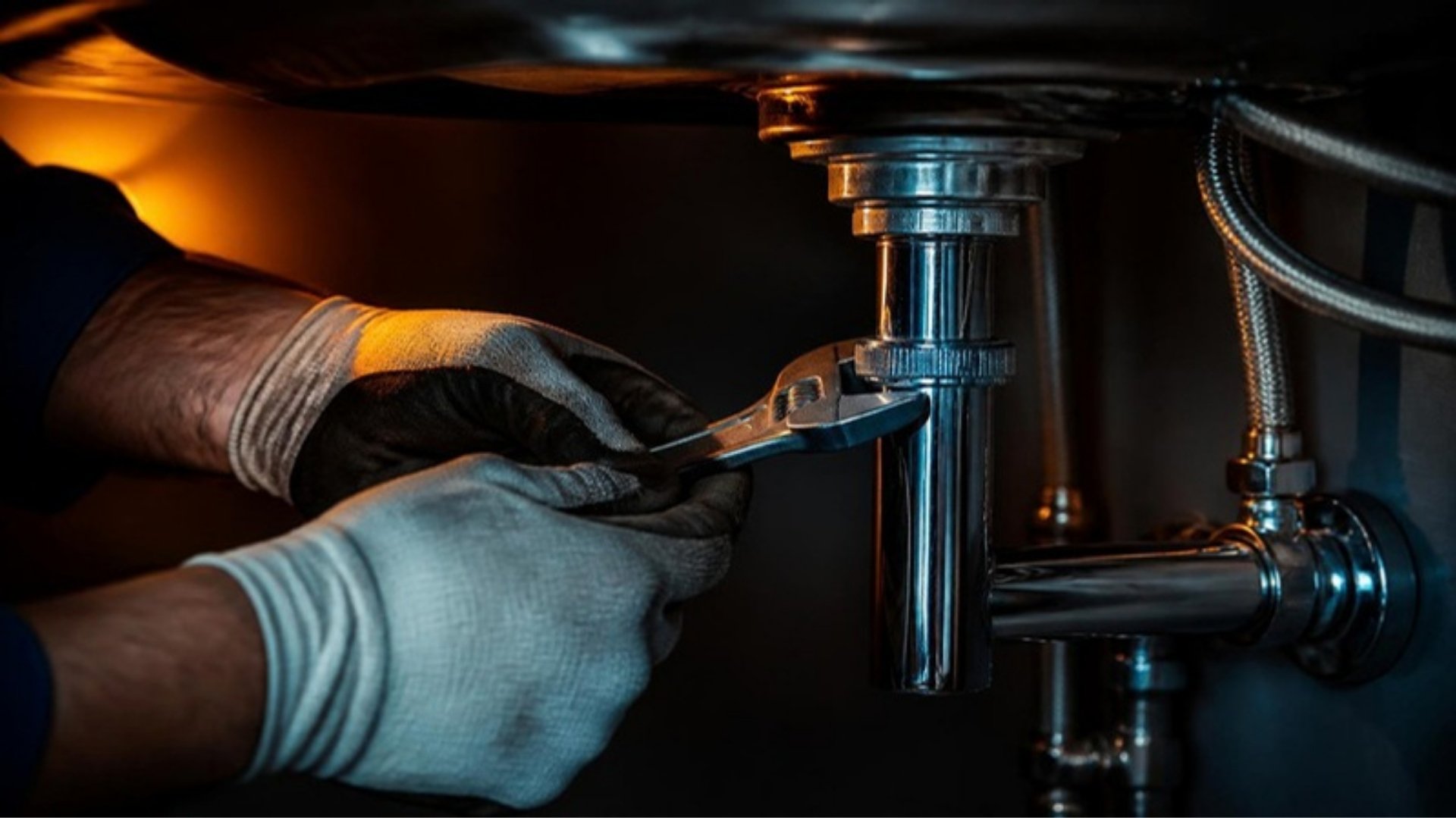 Plumber tightening a chrome waste fitting under a kitchen sink