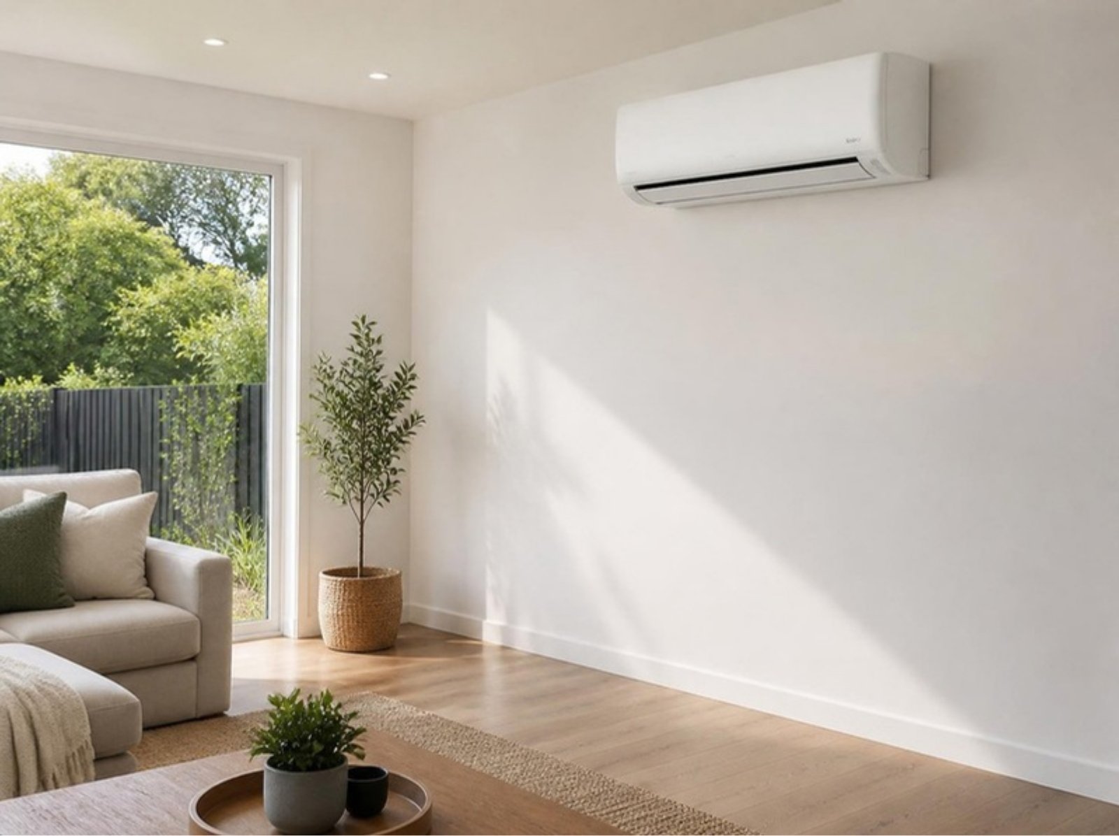 White split system air conditioner on the wall of a bright living room