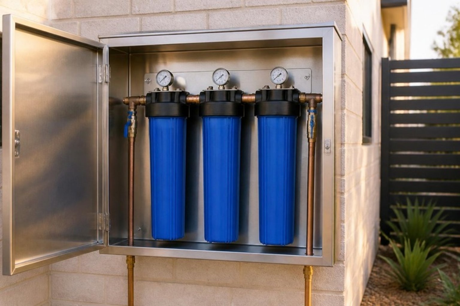 Whole house water filter Three stage whole house water filter with pressure gauges in a stainless steel cabinet on a Perth home